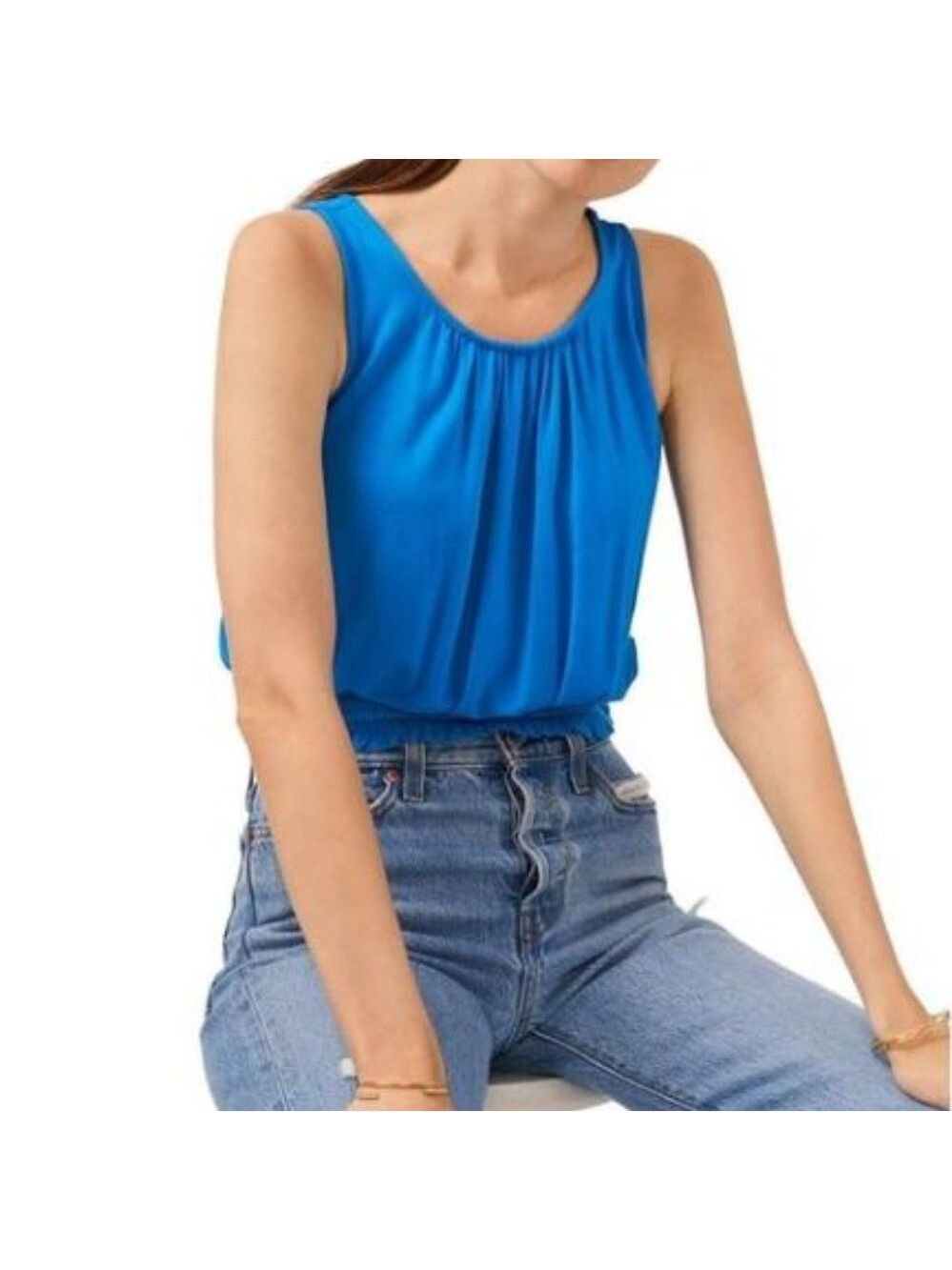 NWT 1.State Women's Blue Smocked Ruched‎ Tank Crop Top Shirt Size XL